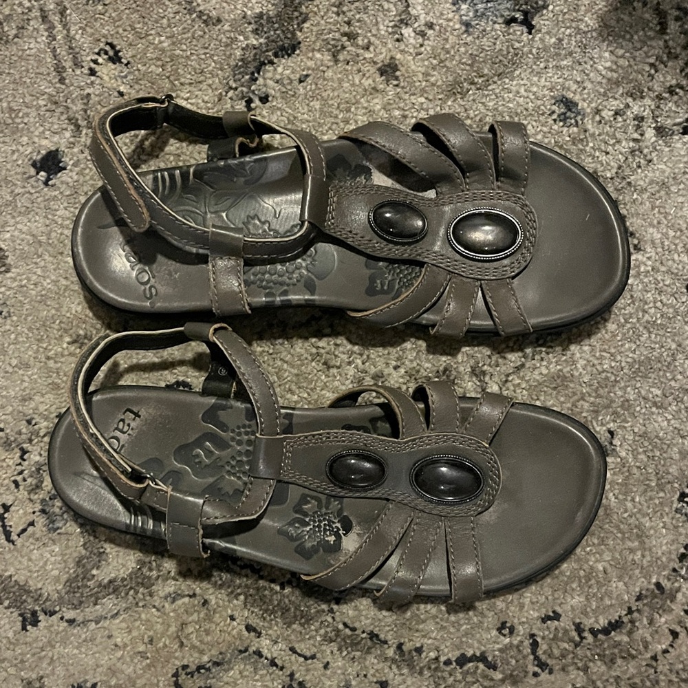 Taos Footwear Grey Jeweled Sandals with Adjustable Ankle Straps and Rugged Sole